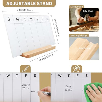 Desktop Glass Weekly Whiteboard with Detachable Wood Stand Weekly Dry Erase Board Weekly Calendar Whiteboard Weekly Planner to Do List White Board Desk Planner 11.8x5.86 for Office, Home, School - color: Beech-white-weekly Calendar Whiteboard