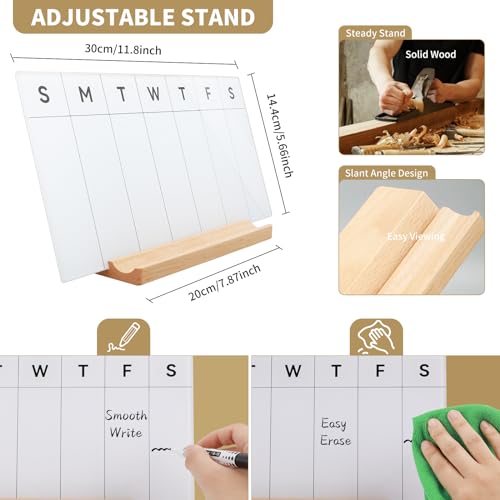 Desktop Glass Weekly Whiteboard with Detachable Wood Stand Weekly Dry Erase Board Weekly Calendar Whiteboard Weekly Planner to Do List White Board Desk Planner 11.8x5.86 for Office, Home, School - color: Beech-white-weekly Calendar Whiteboard