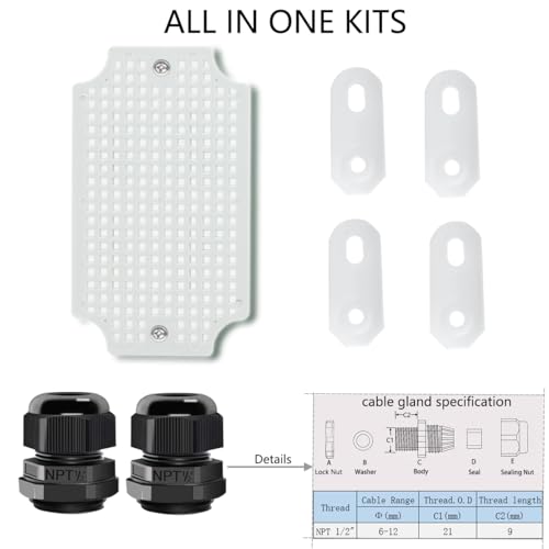 Junction Box, Hinged Cover IP67 Waterproof ABS Project Box with 2 NPT 1/2" Cable Gland, Electrical Box Enclosure with Mounting Plate & Wall Bracket 5.9 x 3.9 x 2.8inch(150x100x70mm) - color: Grey, size: 5.9"x3.9"x2.8"