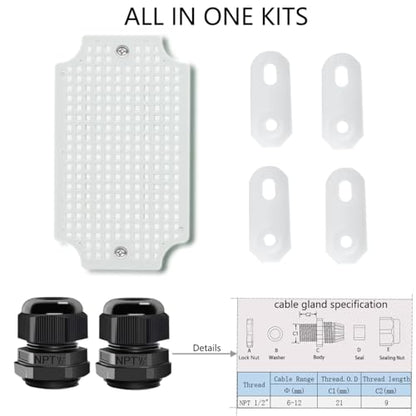Junction Box, Hinged Cover IP67 Waterproof ABS Project Box with 2 NPT 1/2" Cable Gland, Electrical Box Enclosure with Mounting Plate & Wall Bracket 5.9 x 3.9 x 2.8inch(150x100x70mm) - color: Grey, size: 5.9"x3.9"x2.8"
