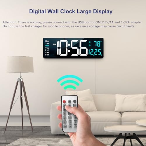 Abovsare 16.2 Inch Large Display Wall Clocks, LED Digital Clock with Remote Control for Living Room Decor, Automatic Brightness Dimmer Clock with Date Week Temperature (Blue) - color: Blue