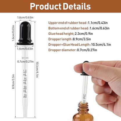 Romeda 10P Eye dropper, 1ml Glass Dropper with Rubber Cap, Clear Dropper Syringe for Liquid Medicine, Essential Oils, Feeding, Lab, Measuring and Transferring