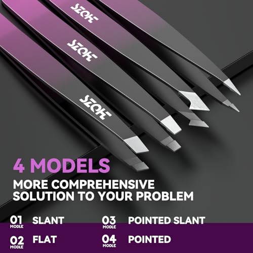4-Piece Precision Tweezers Set - Stainless Steel Slant, Pointed, Flat & Angled Tips forEyebrow Shaping, Facial & Ingrown Hair Removal - Eco-Friendly Gift Packaging - Women& Men - color: Black-red