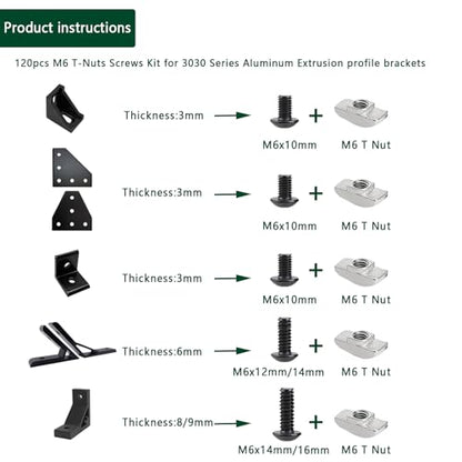 120 pcs M6 T Nut Screws Kit for 3030 3060 Aluminum Extrusion, 60 pcs Black M6x10/12/14/16mm Hexagon Socket Screws and 60 pcs M5 Drop in T-Nuts with 1 pcs M6 Hex Wrench - style: 120pcs 30 Series Screws Kit Black