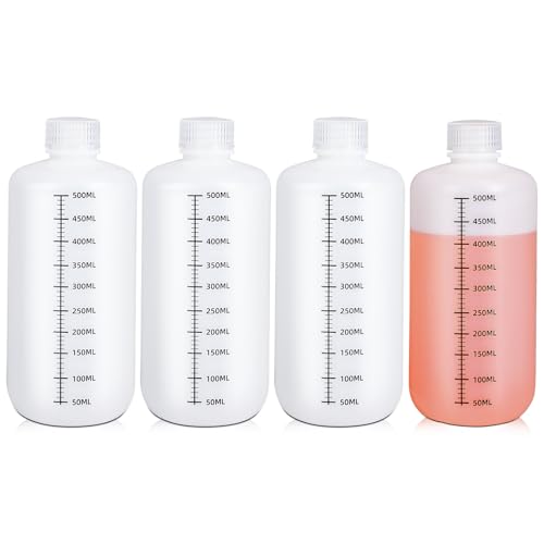 16oz/500ml Narrow Mouth Plastic Bottles with Caps, HDPE Laboratory Grade Graduated Liquid Containers for Reagent Sample Medicine Water Storage (Translucent, 4 Pcs) - size: 16 Ounces