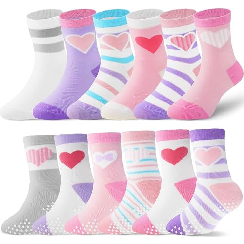 ANTSANG Baby Girls Toddlers Grips Socks, Kids Unicorn Crew Cotton Socks - color: Colorful Heart(12 Pairs), size: 6-12 Months