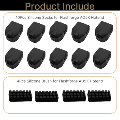10Pcs Silicone Socks for Flashforge AD5X Hotends, Heater Block Covers Thermal Insulation Sleeves 3D Printer Replacement Parts (with 4Pcs Silicone Brushes)