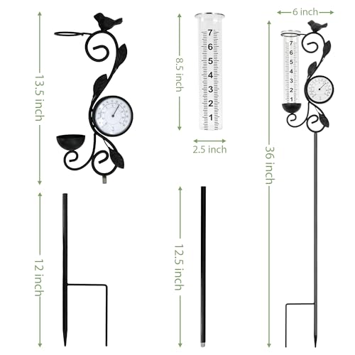 36in Black Bird Rain Gauge Thermometer Metal Garden Stake Decor - color: Black Bird