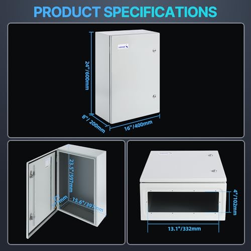24x16x8 NEMA 4X Electrical Enclosure Metal Outdoor Enclosure Box - size: 24"H × 16"W × 8"D