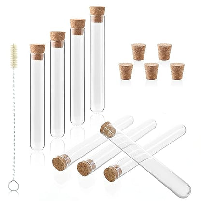 10ml Glass Test Tubes with Cork Stoppers and Brush, Round Bottom, Thickness 1.0-1.2, 15x100mm, Pack of 50, for Plants, Bath Salts, Party Decoration, Scientific Experiments, IN-TTS02 - style: 50 PCS of 10ml,with brush& crock