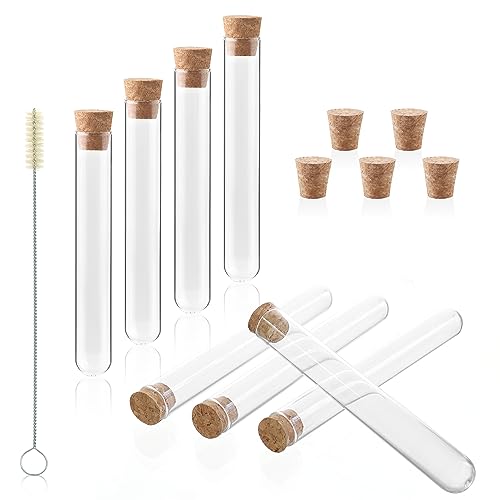 10ml Glass Test Tubes with Cork Stoppers and Brush, Round Bottom, Thickness 1.0-1.2, 15x100mm, Pack of 50, for Plants, Bath Salts, Party Decoration, Scientific Experiments, IN-TTS02 - style: 50 PCS of 10ml,with brush& crock