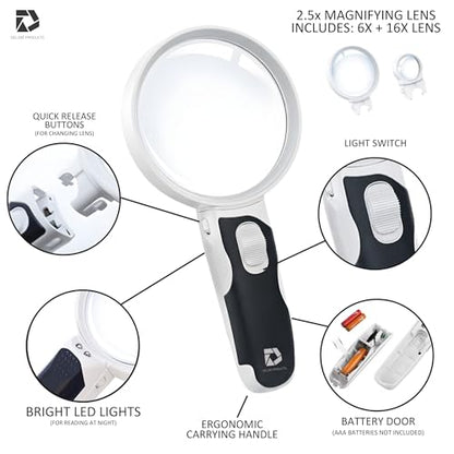 Lighted Magnifying Glass with 3 Interchangeable Lenses (2.5X, 6X, 16X) – Dual LED Handheld Magnifier for Reading Small Print, Books, Coins & Inspection – Ideal for Seniors & Low Vision - style: Interchangeable