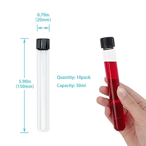 10pcs 20x150mm Glass Test Tubes, 30ml Boro Clear Propagation Tube for Plants, Tube Vials Container with Black Screw Cap, Scientific Experiment Candy Storage Crafts Small Bottle Jars - size: 20x150