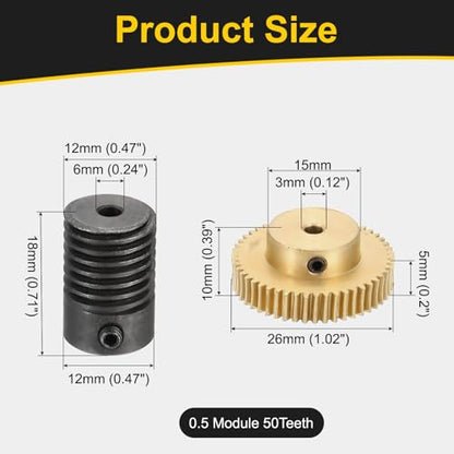uxcell Worm Gear Set Right Rotation 50T 0.5 Module 1:50 Reduction Rate - size: Gear-3mm, Rod-3mm Bore, style: 0.5M-50T