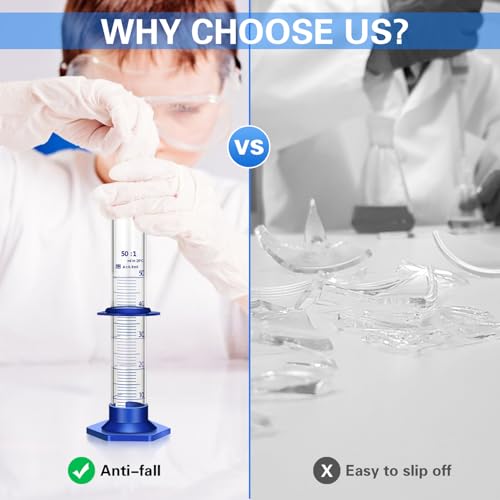 Thick Glass Graduated Cylinder Measuring Liquid Lab Cylinders with Anti-Falling Plastic Base and Bumper Guards and Cylinder Brush (Glass, 50ML) - size: 50ML