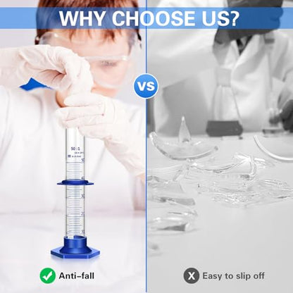 Thick Glass Graduated Cylinder Measuring Liquid Lab Cylinders with Anti-Falling Plastic Base and Bumper Guards and Cylinder Brush (Glass, 50ML) - size: 50ML
