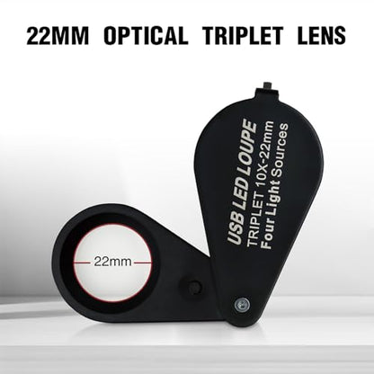 Rechargeable10x Jewelers Loupe Magnifier with UV&LED Lights, Eye Loupe 10x Magnifying Glass is Equipped with a 22mm Triplet Lens.Professional-Grade for Diamonds, Gemstones,Coins and Stamps - size: 10x Black