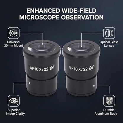 2PCS Wide Microscope Eyepieces, 22mm 10X Optical Biological Eyepieces Clear Microscope Lens Adapters for Triocular Binocular Scope Lab 30mm Mounting Interface