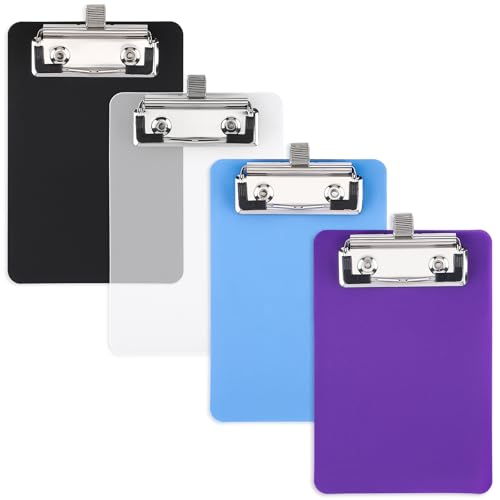 Mini 3.9x5.9in Plastic Clip Boards for 3.5x5.1in Paper, 4 Pack Waterproof Clip Boards of 4 Colors with Pen Loop Holder for Office Cafeteria School, Sturdy Lightweight Portable Working Supplies - color: Purple+blue+frosted+black, size: 3.9x5.9in - Mini