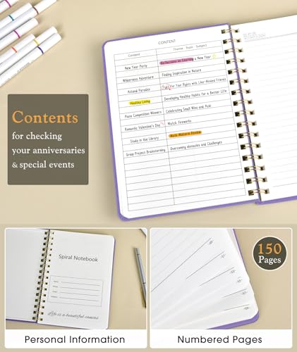 Lined Spiral Journal Notebook, A5 Hardcover Spiral Journals for Women Men, 150 Numbered Pages Spiral Bound Notebook, 100 GSM College Ruled Notebooks for Writing Note Taking 5.75" x 8.38", Purple - color: Purple