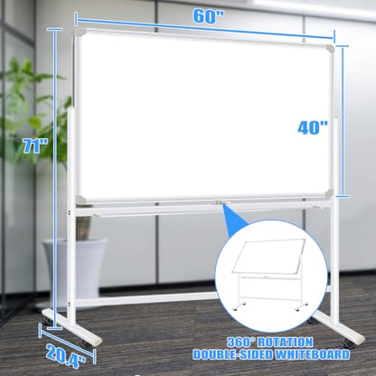 Mobile Whiteboard with Stand 60"x40" Double Sided Dry Erase Board on Wheels - style: Double-sided 60x40 Inches