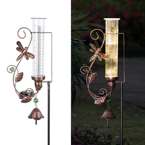 Solar Rain Gauge Outdoor, 7" Tube Dragonfly Rain Gauges - color: Dragonfly