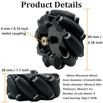Mecanum Wheel for Robot Car Chassis, 60mm Omni-Directional Wheel Smart Robot Car DIY Mecanum Robotics Components, 4Pcs Omni Wheels with 4Pcs Metal 4mm Coupling Motor Connector for AGV Smart Robot - size: 60mm wheel, style: 4mm coupling