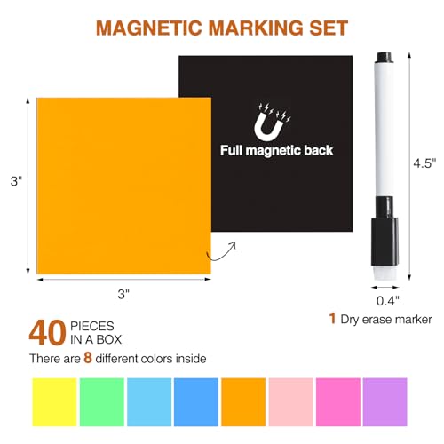 MAXECHO 40 Pcs 3" x 3" Reusable Magnetic Sticky Notes Dry Erase Magnet Sheets Set, Easy to Post Labels with Marker for Whiteboard, Multicolor Stickers for White Board, Fridge, Locker - color: Bright Multicolor