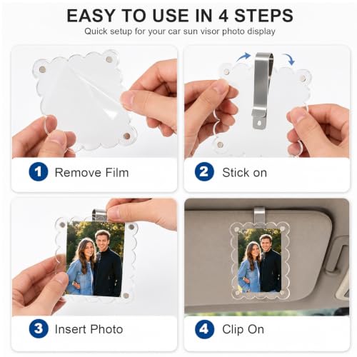 2 PCS Scalloped Car Photo Holder, 3.5" x 2.4" Acrylic Auto Sun Visor Picture Frame with Clip, Magnetic Personalized Sunvisor Photo Clip Picture Display Holder for Most Vehicles - color: Scalloped