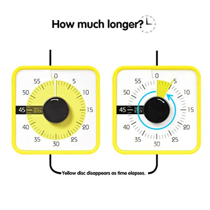 TWENTY5 SEVEN 7.5-Inch Visual Timer, Battery-Free 60-Minute Countdown Clock - color: Yellow