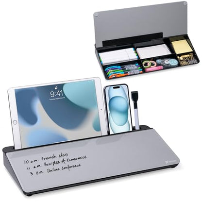 Varhomax Glass Desk Whiteboard with Storage, Desktop Organizer - color: Black&gray
