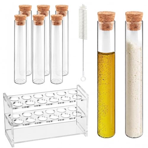 6pcs 30ml Glass Test Tube with Cork Stopper, 20x150mm Flat Bottom Storage Tube with Cap, 6 Holes Acrylic Rack, Plant Propagation Vase Set for Scientific Experiments Lab Candy Liquid Party Decor - size: 20 x 150mm