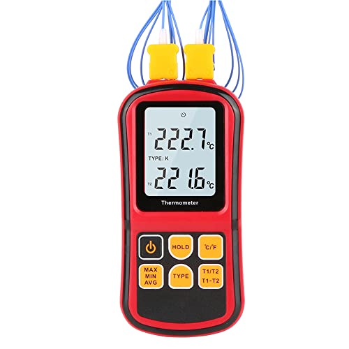 Digital Thermometer Pyrometer -400°F ~ 3200°F (-250°C ~ 1700°C), Professional Thermocouple Lab Thermometer with Dual Channel Thermometer Probe, K-Type Handheld High Temperature Thermometer Red - color: Red