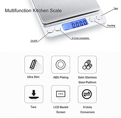 Food Scale Digital Weight Grams and Ounces, 0.001oz/0.01g 500g Kitchen Scale for Food with Backlight LCD Display, Tare, 9 Units, Auto Off, 2 Trays, Batteries Included - Stainless Steel - size: 500g/0.01g
