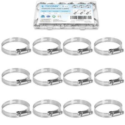 TICONN 12PCS Hose Clamps Set 304 Stainless Steel, 1-1/4"-2-1/4" Worm Gear - size: SAE #24 12PCS 1-1/4''~2-1/4"