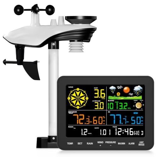 Weather Station 12-in-1, Wireless Weather Station with 6.5" HD Color Display, Rain Gauge & Wind Speed, Precision Barometer, Weather Forecast, Indoor/Outdoor Humidity & Temperature