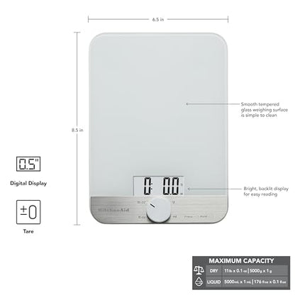 KitchenAid KQ908 Glass Surface 11 Pound Capacity Digital Kitchen and Food Scale, White - color: White, size: 11 lb