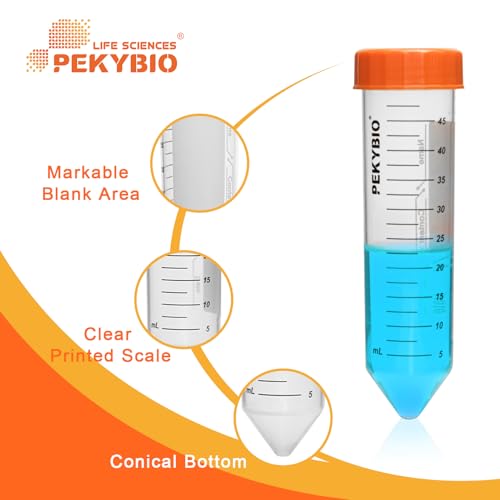 PEKYBIO 50ml Centrifuge Tubes Sterilized Polypropylene Conical Test Tube with Screw Cap Plastic Container with Graduated and Write Marks 50Pcs - size: 50ML Concial Bottom