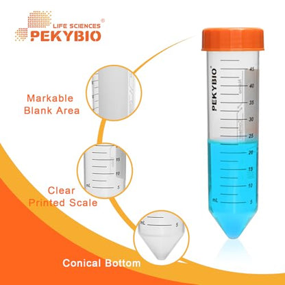 PEKYBIO 50ml Centrifuge Tubes Sterilized Polypropylene Conical Test Tube with Screw Cap Plastic Container with Graduated and Write Marks 50Pcs - size: 50ML Concial Bottom