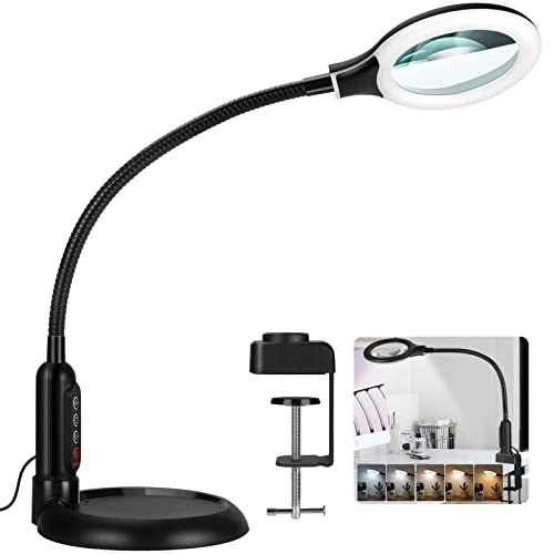 12X Magnifying Glass with Light and Clamp, 5 Color Modes Stepless Dimmable Lighted Magnifier with Stand, Flexible Gooseneck LED Desk Lamp Hands Free for Craft Reading Painting Hobby Close Work - color: Black, size: 12X
