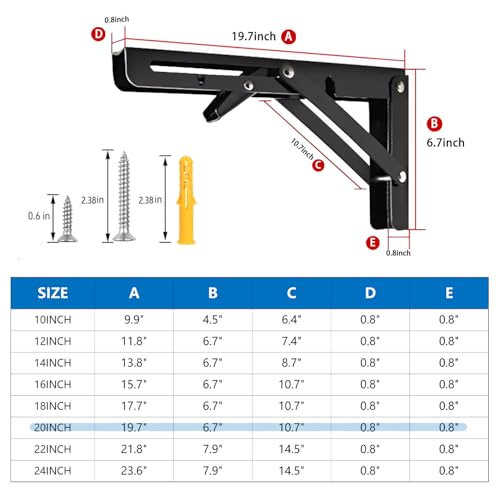 Folding Shelf Bracket 20 inch 2PC Wall Mounted Collapsible Shelves Brackets Heavy Duty Foldable Workbench Bracket DIY Wall Table Hinges for RV Countertop Extension Gargage Workstation Table Supports - size: 20 Inch