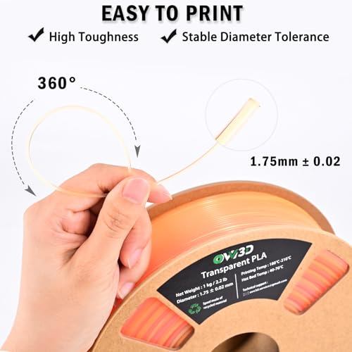 OVV3D Translucent PLA Filament 1.75mm, Sunset Multicolor Transparent 3D Printer Filament, Clear PLA Red Orange Yellow Gradient Color Change Rainbow Filament, Spool 1KG, +/- 0.02 mm - color: Translucent Sunset