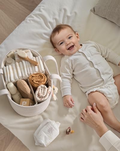 Blissful Diary Diaper Caddy Organizer, Woven Cotton Rope, Beige - color: Oval Beige