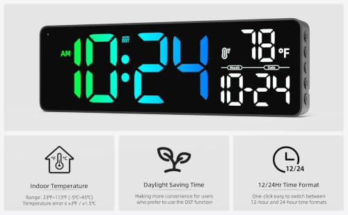 Large LED Digital Wall Clock with Date, Temperature, Auto-Brightness, Auto-DST | Big Digital Clock for Bedroom, Desk, Classroom, Living Room, Kitchen, Office, Gym, Farmhouse, Xmas Gift for Seniors - color: Rgb