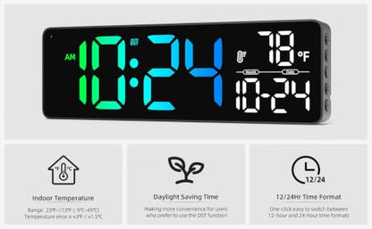 Large LED Digital Wall Clock with Date, Temperature, Auto-Brightness, Auto-DST | Big Digital Clock for Bedroom, Desk, Classroom, Living Room, Kitchen, Office, Gym, Farmhouse, Xmas Gift for Seniors - color: Rgb