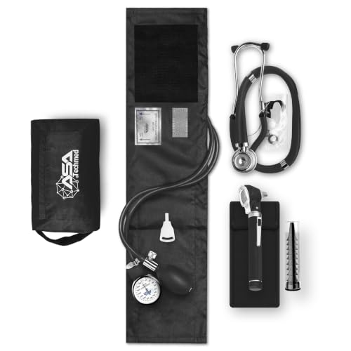 ASA TECHMED Nurse Essentials Professional Kit with Handheld Travel Case | 3 Part Kit Includes Adult Aneroid Sphygmomanometer Blood Pressure Monitor, Stethoscope, Diagnostic Otoscope (Black) - color: Black