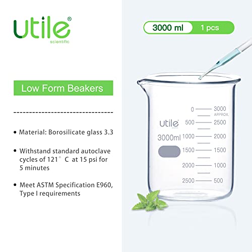 Utile 101.45oz(3000ml) Low Form Glass Beakers, Borosilicate 3.3 Glass with Printed Graduation, 4000.3000.1 - style: Vol.3000ml