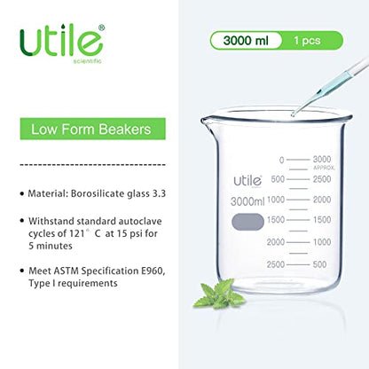 Utile 101.45oz(3000ml) Low Form Glass Beakers, Borosilicate 3.3 Glass with Printed Graduation, 4000.3000.1 - style: Vol.3000ml