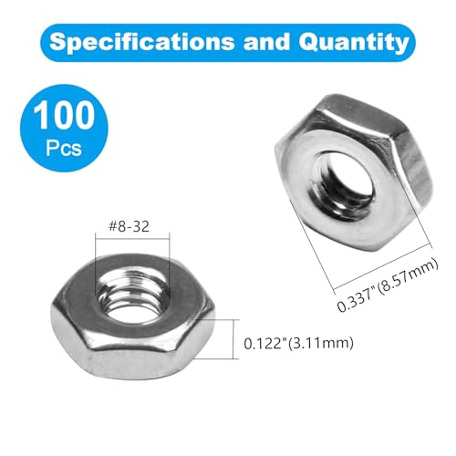 100pcs #8-32 Hex Nuts, 304 Stainless Steel - size: #8-32;100 PCS