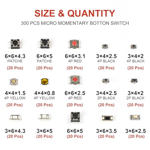 300 Pcs 15 Value Micro Momentary Tactile Switch Assortment Kit - style: 300 Pcs 15 Value